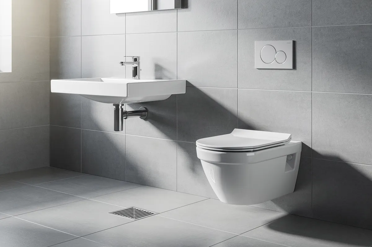 Banheiro moderno com vaso suspenso, pia e ralo